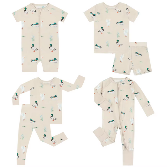 5.16custom each style moq 5eta 4-5week Sibling Sister duck print beige boys outfits and baby romper match family design