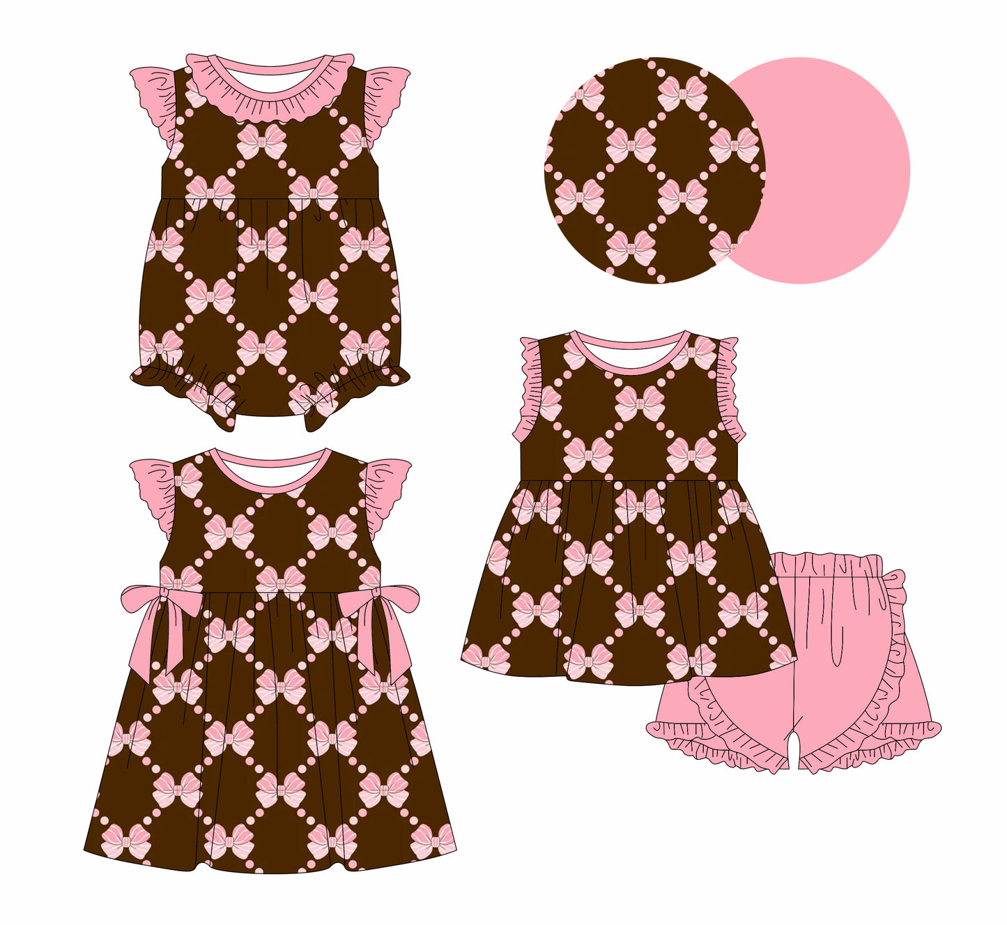 1.3 custom each style moq 5eta 4-6week Sibling Sistes bow baby girl short sleeve shorts sets and dress and rompers match family design