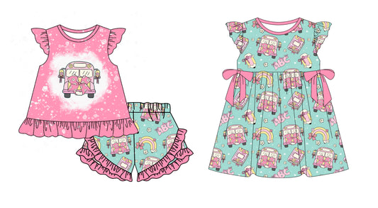 1.6 custom each style moq 5eta 4-6week Sibling Sister bus bow baby girl short sleeve shorts sets and dresses match design