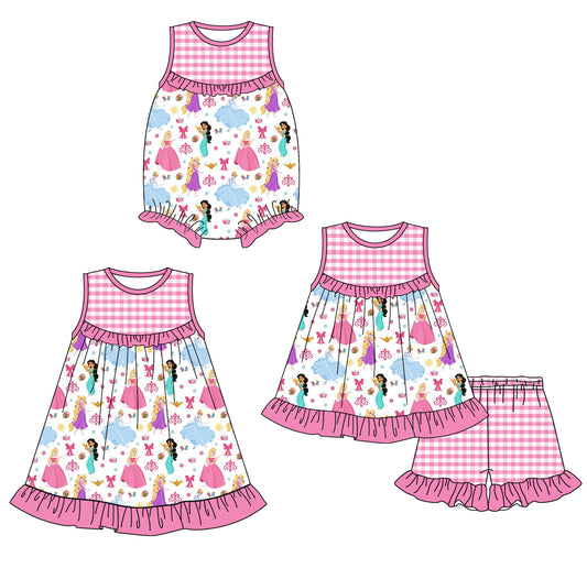 1.24 custom each style moq 5eta 4-6week Sibling Sisters disney princess bow baby girl short sleeve shorts sets and dress and rompers match family design