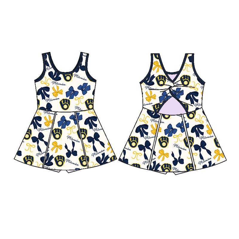 Custom moq 5 mix sizes summer teams baby girls clothes team blue short sleeve skirts shorts sets dress 1 and dress 2 and dress 3 and dress 4-25.5.21
