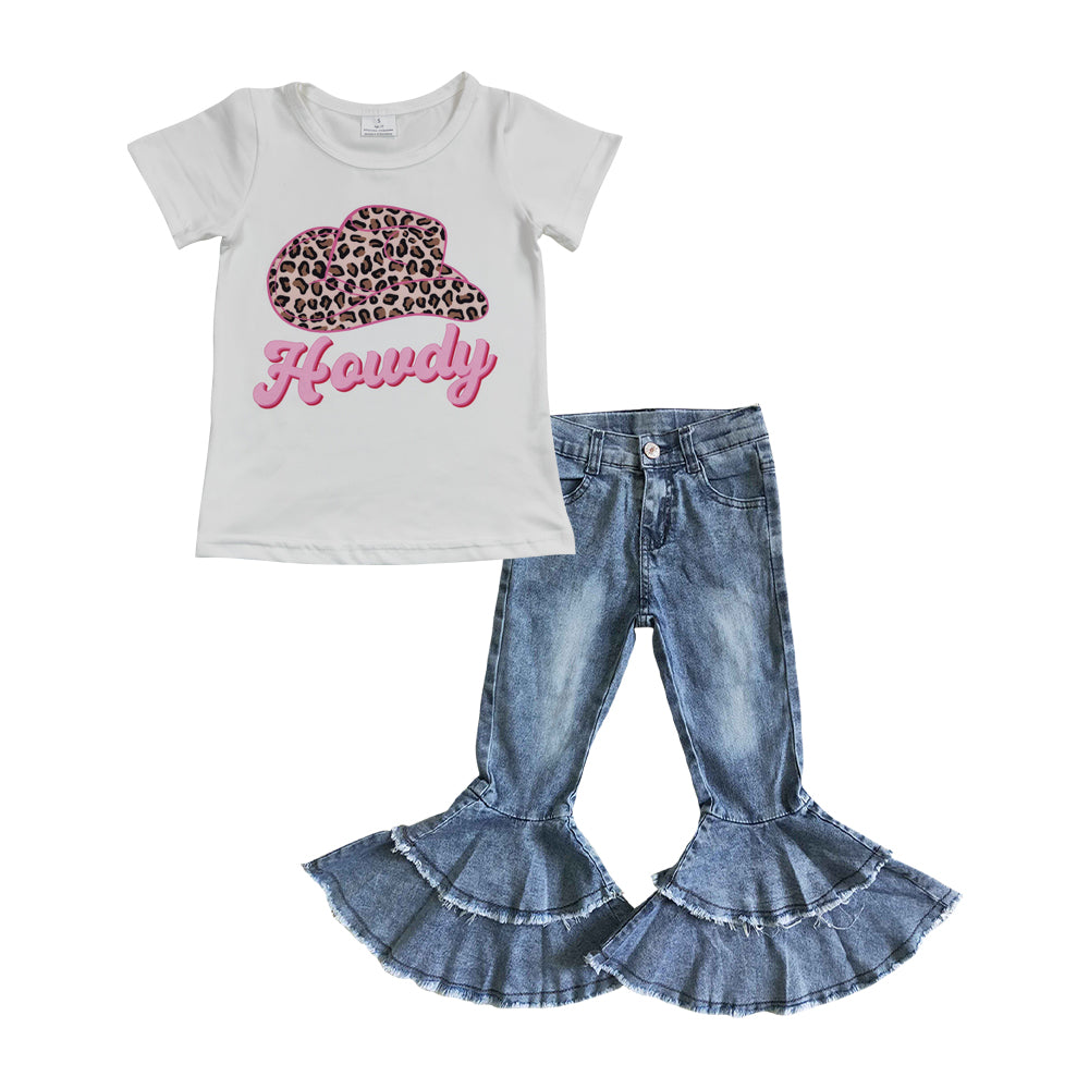 GT0138 Girls howdy leopard print hat white short sleeve top+C5-15 Light bleached double denim flared pants