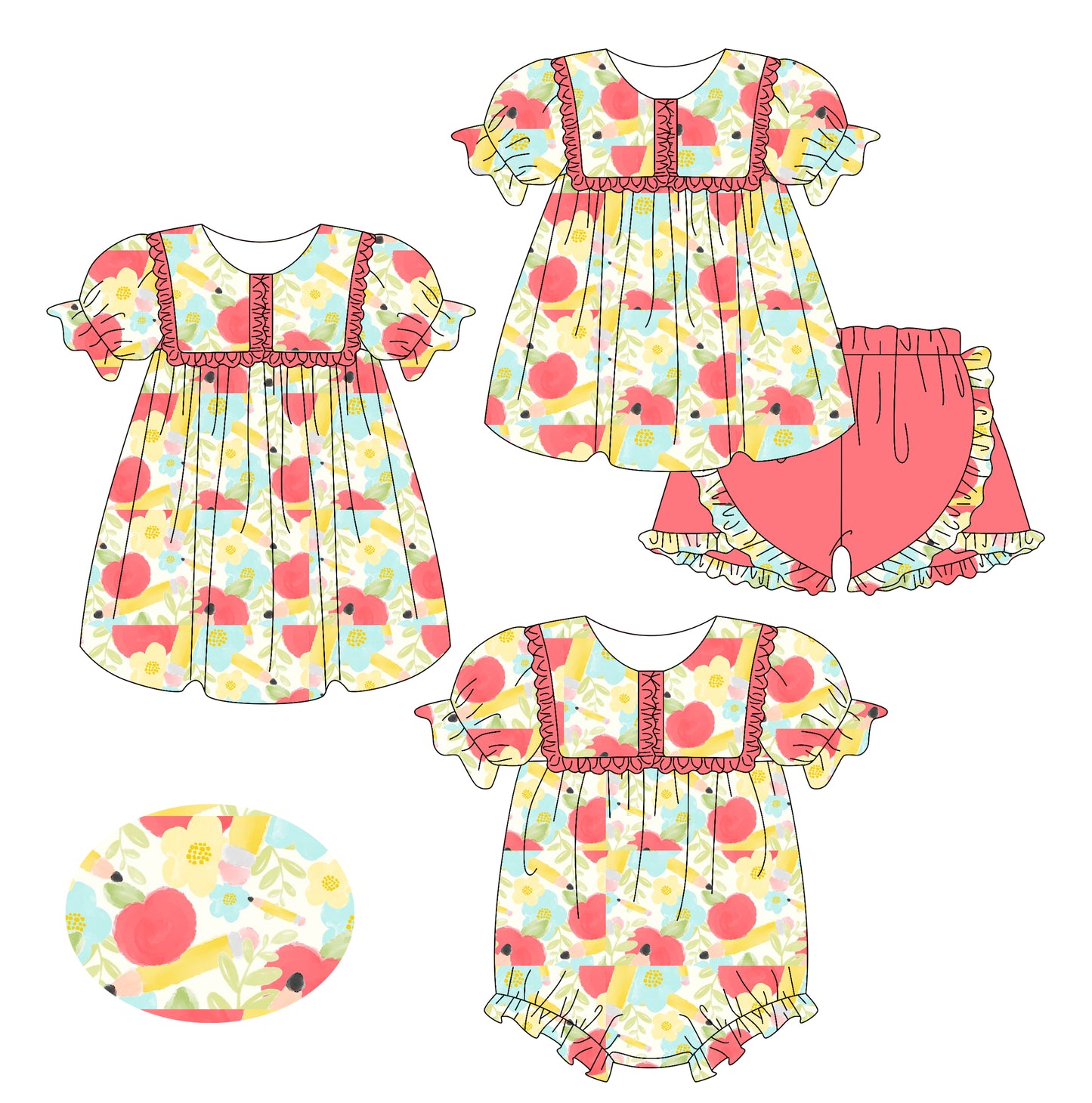 2.13 custom each style moq 5eta 4-6week Sibling Sisters apple baby girl short sleeve shorts sets and dress and rompers match family design