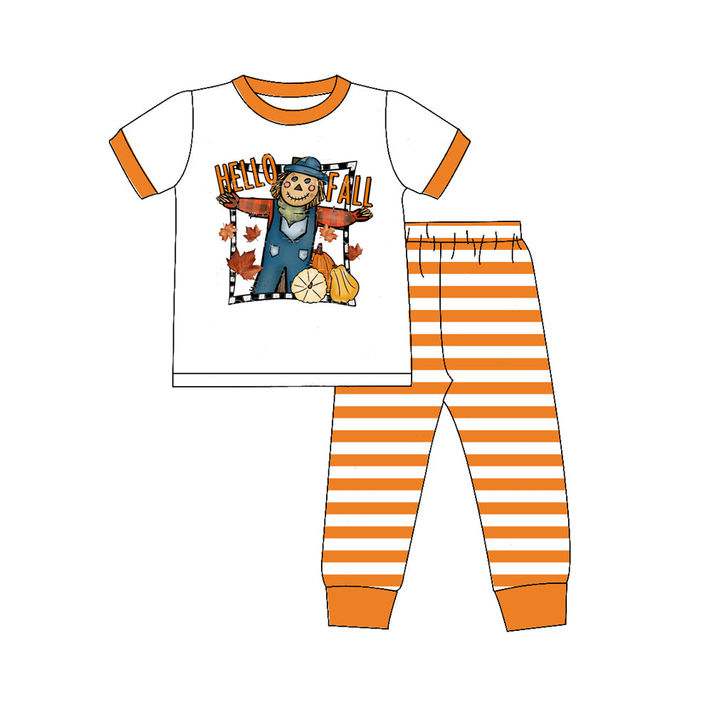 5.2custom each style moq 5eta 4-5week Sibling Sister scarecrow prints white top with orange-white long pants boys and girls set match family design