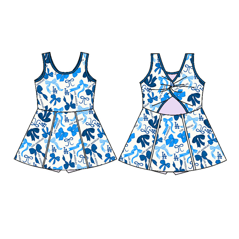 Custom moq 5 mix sizes summer teams baby girls clothes team blue short sleeve skirts shorts sets dress 1 and dress 2 and dress 3 and dress 4-25.5.16