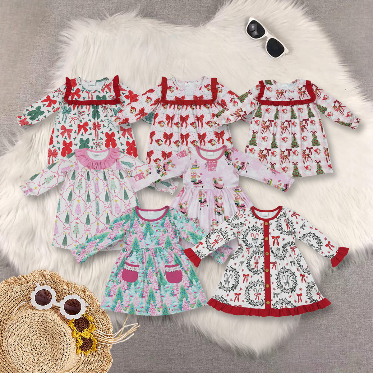 RTS Sibling baby girls clothes Christmas cartoon bow long Sleeve dresses