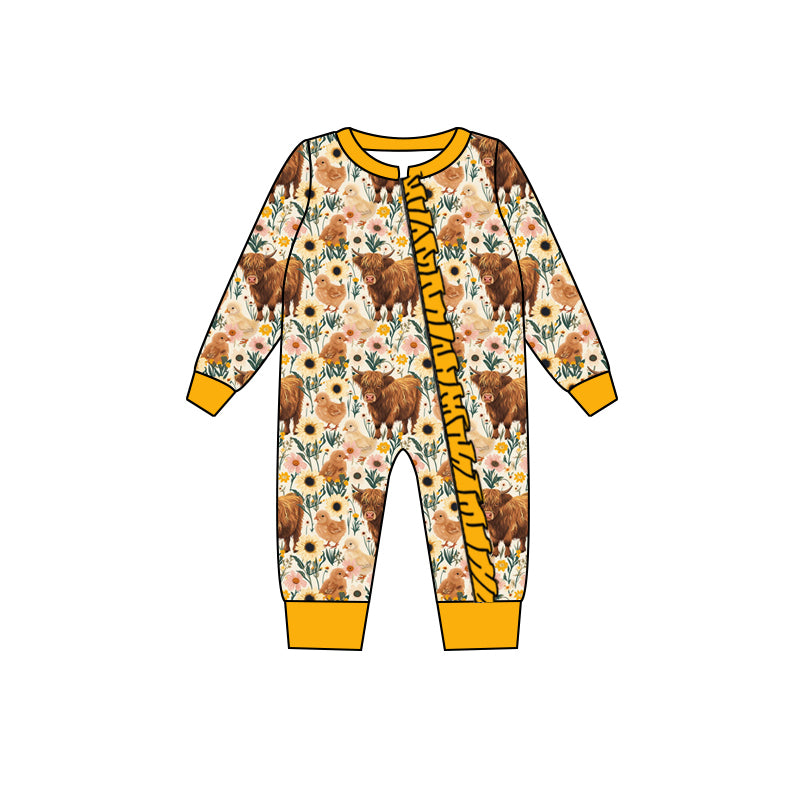 5.12custom each style moq 5eta 4-5week Sibling Sister cow flower prints yellow girls and boys outfits and baby romper and blanket match family design