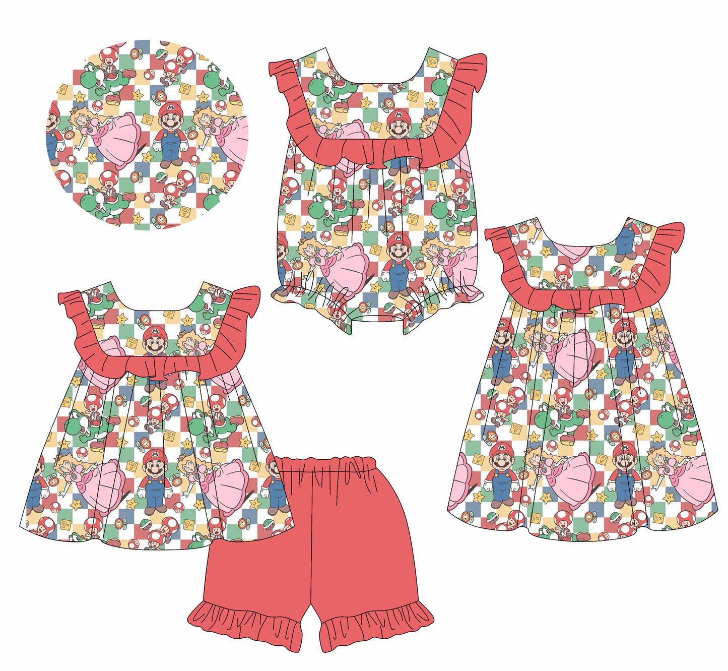 1.14 custom each style moq 5eta 4-6week Sibling Sisters cartoon baby girl short sleeve shorts sets and dress and rompers match family design