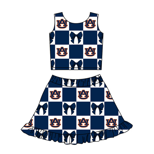 Custom moq 3 or 5 mix size milk silk summer teams baby girl clothes bow navy blue sleeveless skirts sets-26.1.17