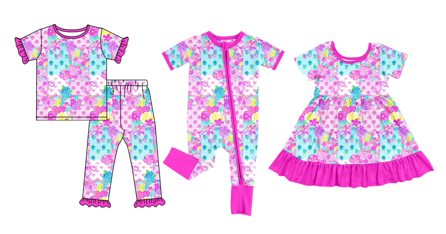 25.12.1 custom each style moq 5 eta 6-8week Sibling Sisters bow floral baby girl short sleeve pants sets and dress and rompers match family design