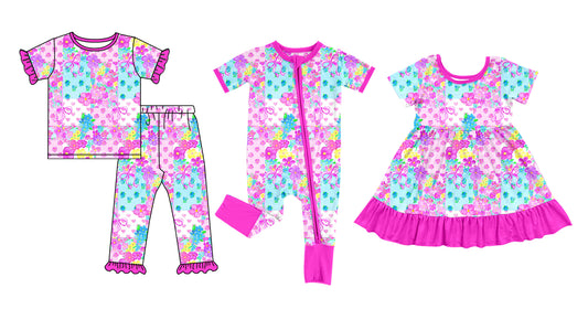 25.12.1 custom each style moq 5 eta 6-8week Sibling Sisters bow floral baby girl short sleeve pants sets and dress and rompers match family design