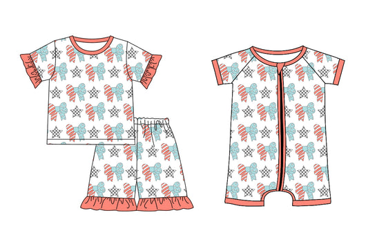 1.20 custom each style moq 5eta 4-6week Sibling Sister bow baby girls short sleeve shorts sets and romper match design