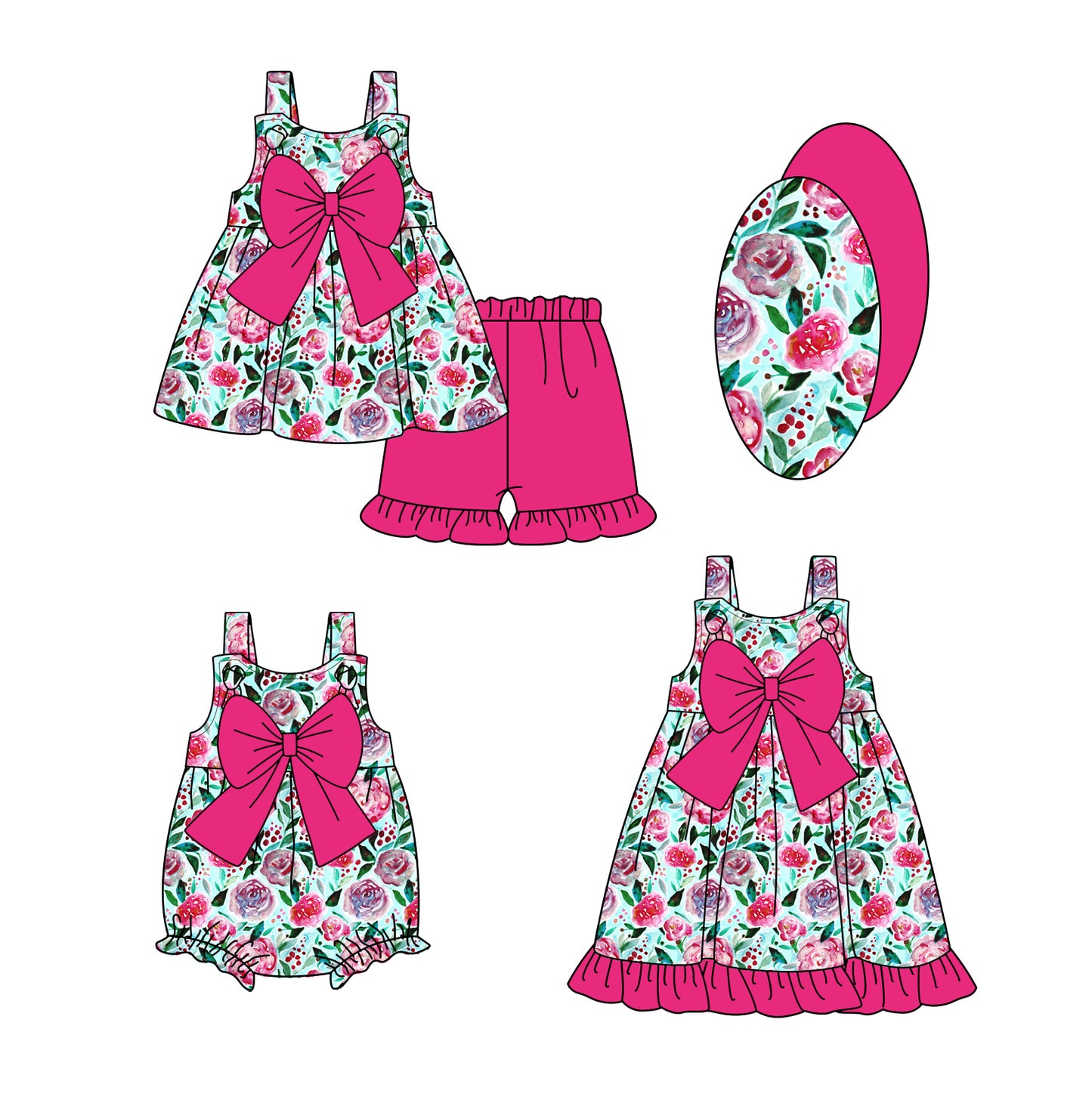 1.9 custom each style moq 5eta 4-6week Sibling Sister floral baby girl short sleeve shorts sets and dress and rompers match family design