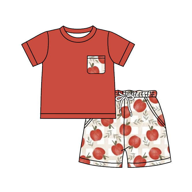 5.8custom each style moq 5eta 4-5week Sibling Sister farm style Apple prints red boys and girls outfits and baby romper match family design