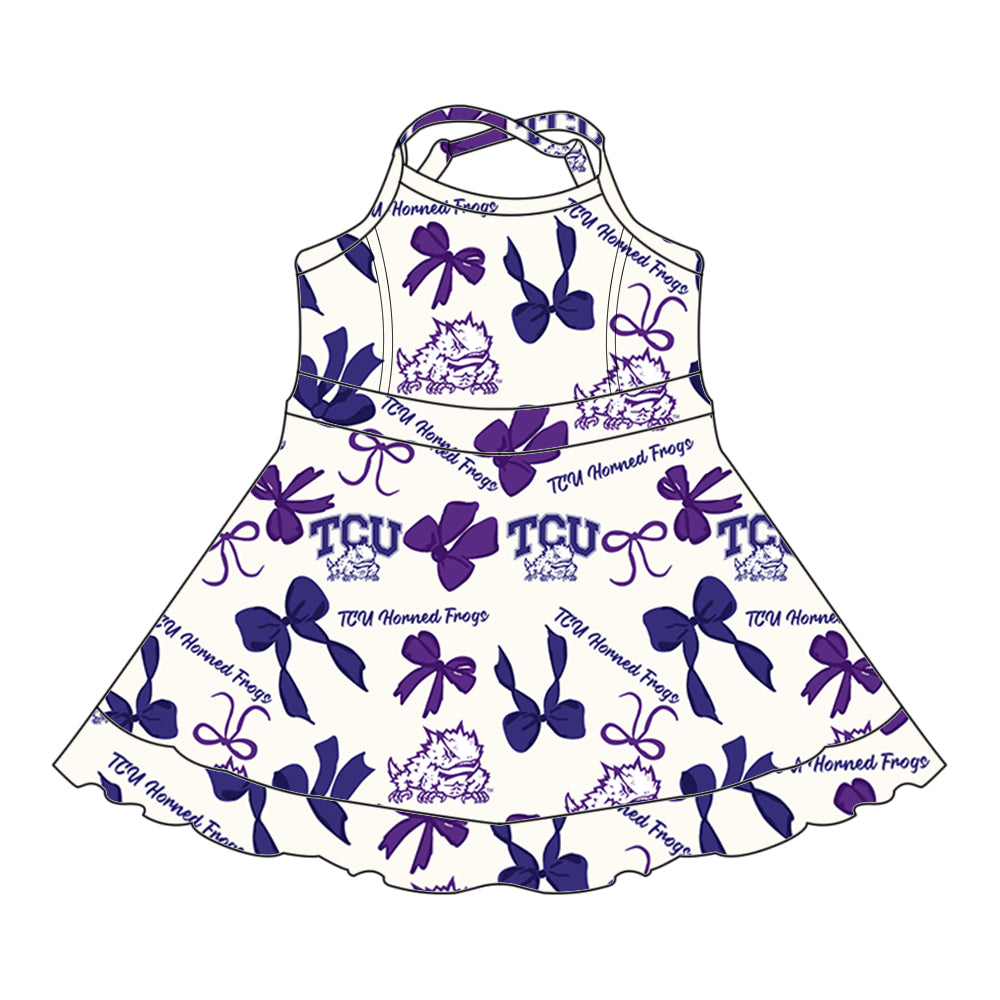 Custom moq 5 mix sizes summer teams baby girls clothes team purple short sleeve skirts shorts sets dress 1 and dress 2 and dress 3 and dress 4-25.5.23