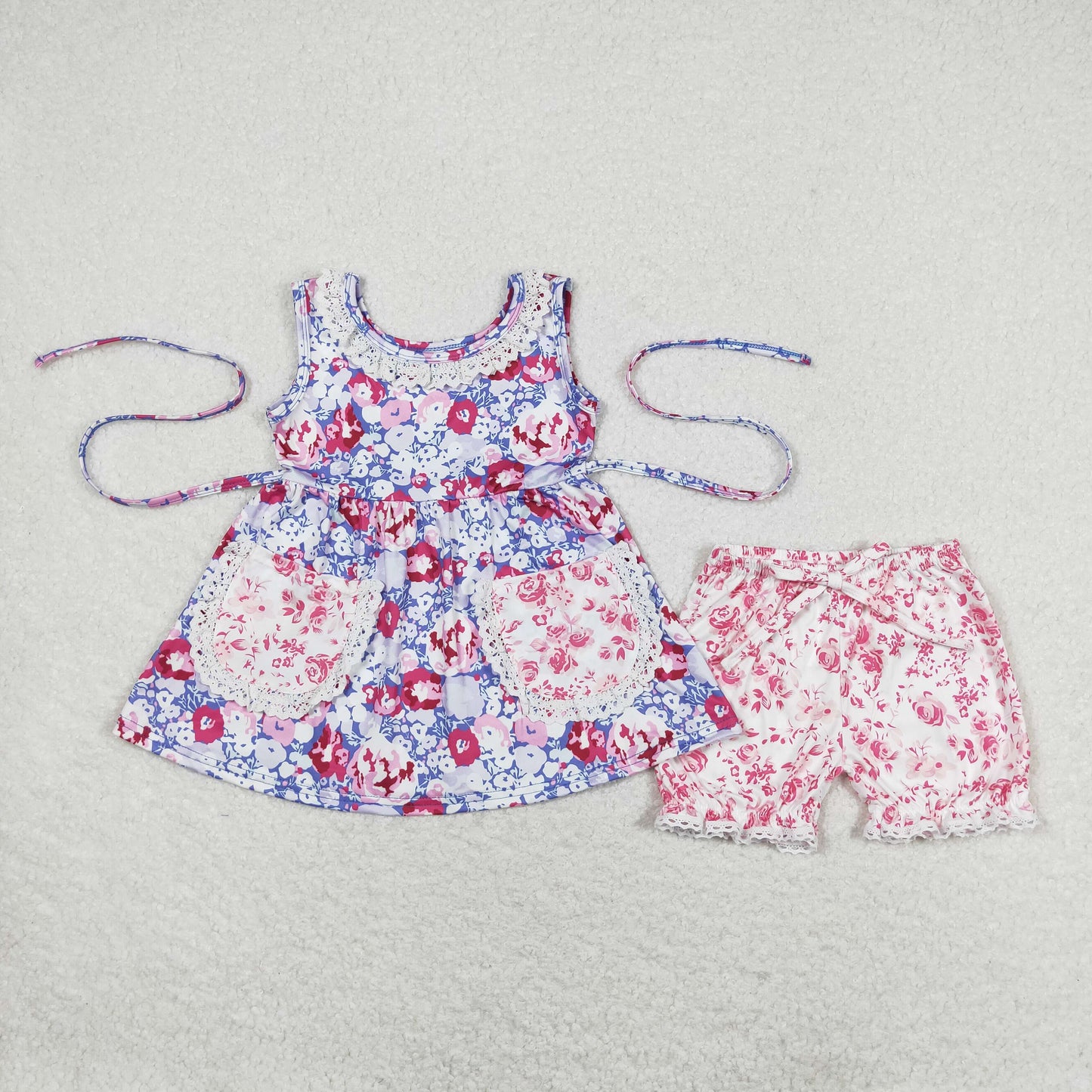 rts no moq GSSO0856 Floral Blue Purple Pocket Sleeveless Shorts Set