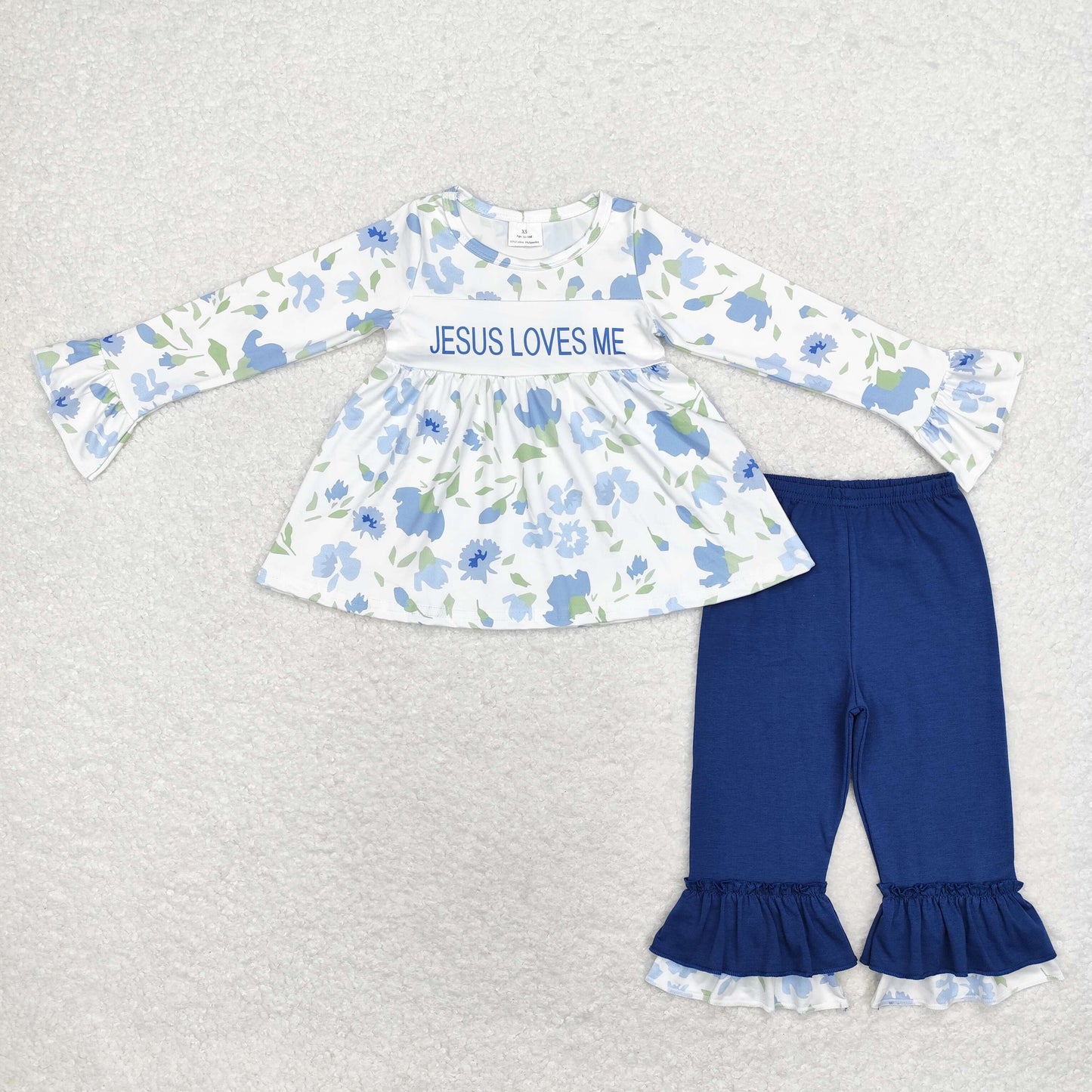 rts no moq GLP1669 jesus loves me flower long-sleeved blue trousers set