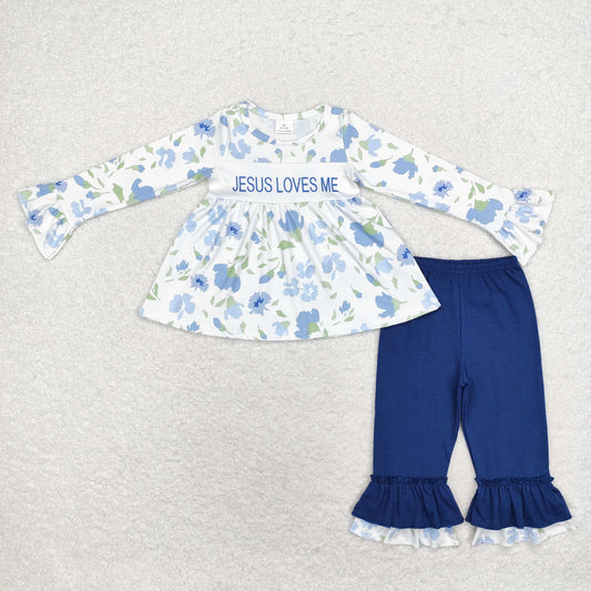 rts no moq GLP1669 jesus loves me flower long-sleeved blue trousers set