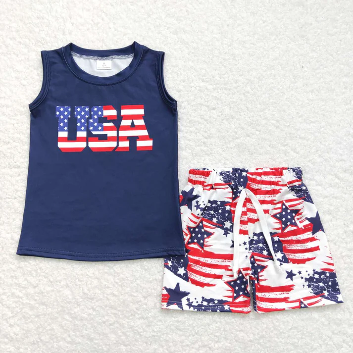 RTS NO MOQ Baby boy clothes 4th of july USA Short Sleeve shorts Suit