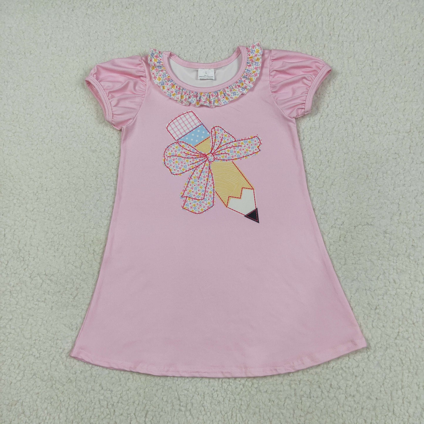 RTS NO MOQ GSD2017 Back to school bow pencil lace pink lantern sleeve short sleeve dress