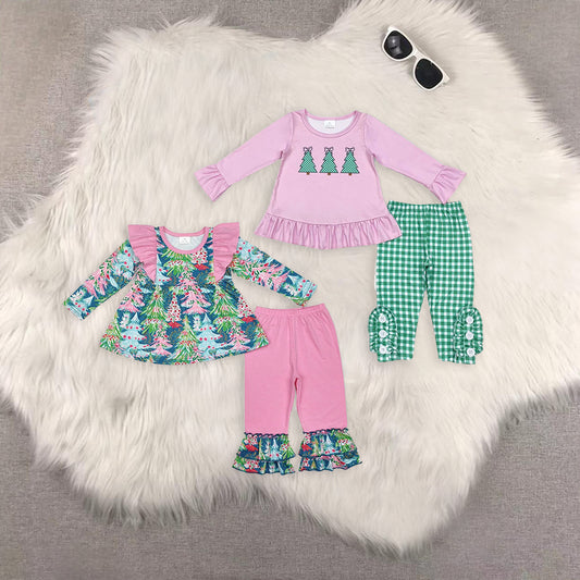 RTS NO MOQ Sibling Baby Girls Christmas trees Long Sleeve Pants Set