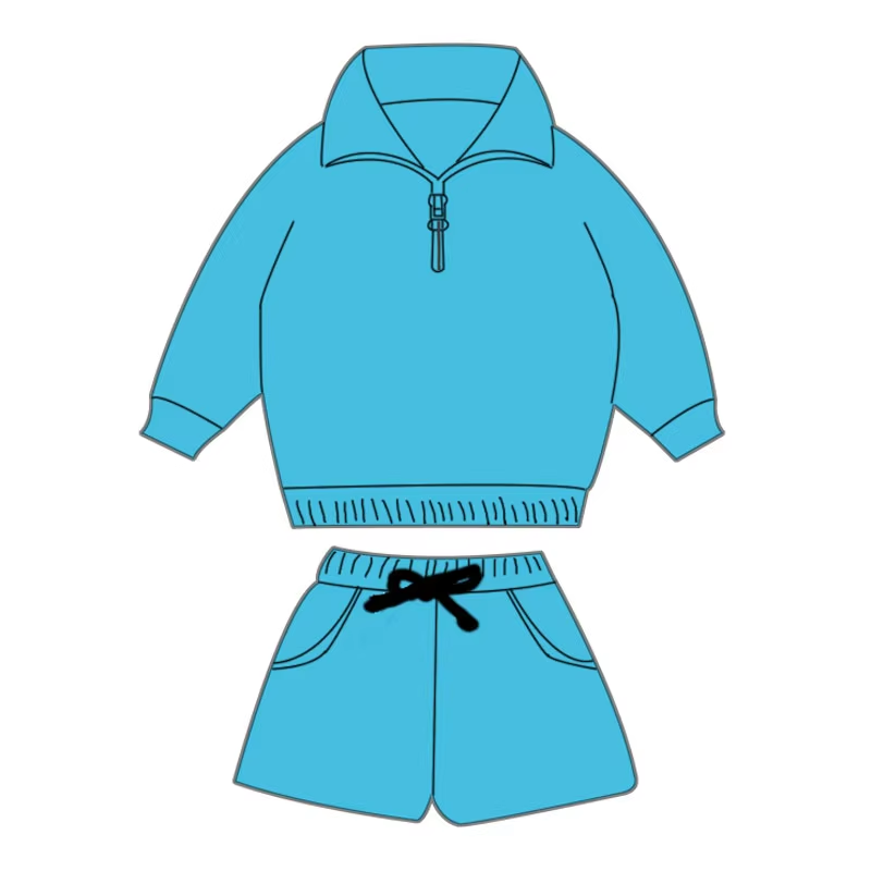 Custom moq 3 eta 6-8 weeks Sky blue loose zipper pullover long-sleeved top and shorts set