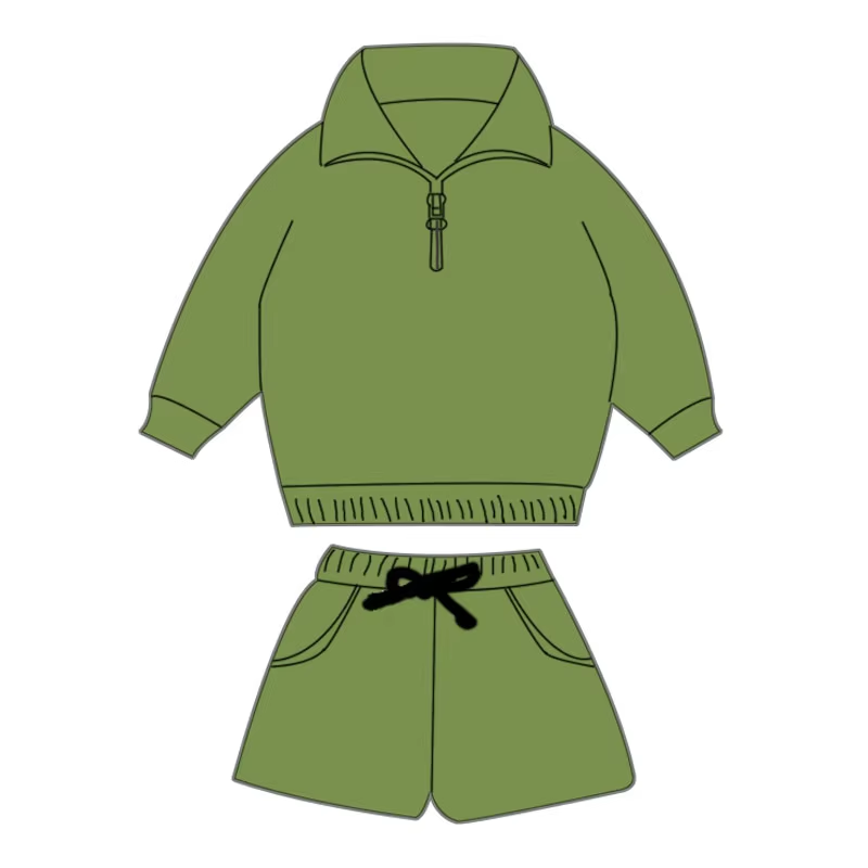 Custom moq 3 eta 6-8 weeks Gray green loose zipper pullover solid color long-sleeved top and shorts set