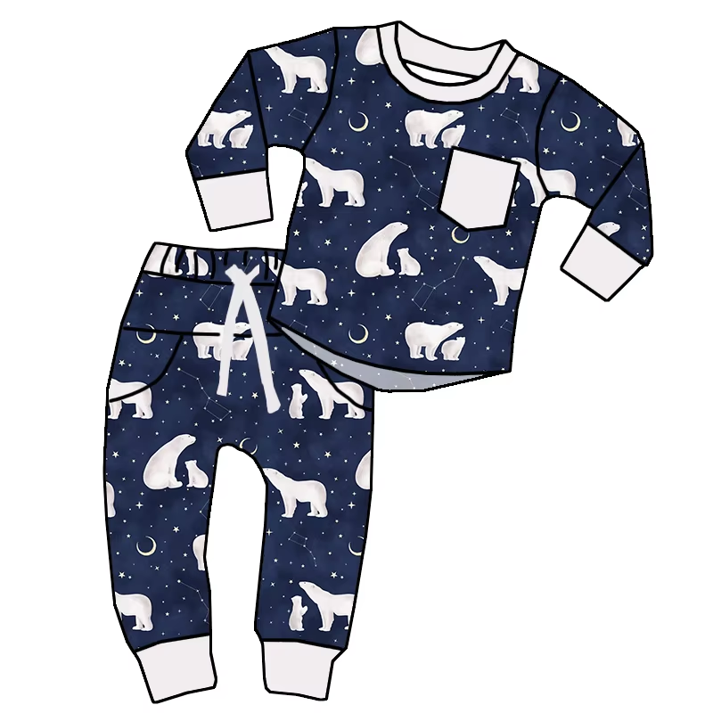 Custom moq 3 eta 6-8 weeks Polar Bear Pattern Dark Blue Pocket Long Sleeve Suit