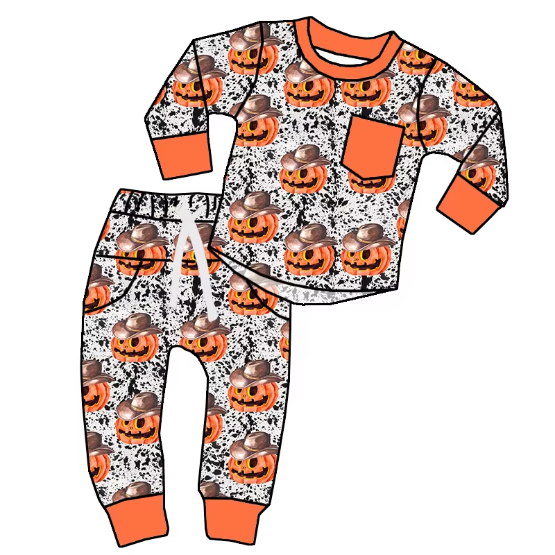 Custom moq 3 eta 6-8 weeks Hat Pumpkin Bat Pattern Pumpkin Pocket Long Sleeve Set