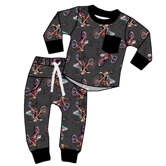 Custom moq 3 eta 6-8 weeks Long sleeve suit with black pockets and colorful motorcycle pattern
