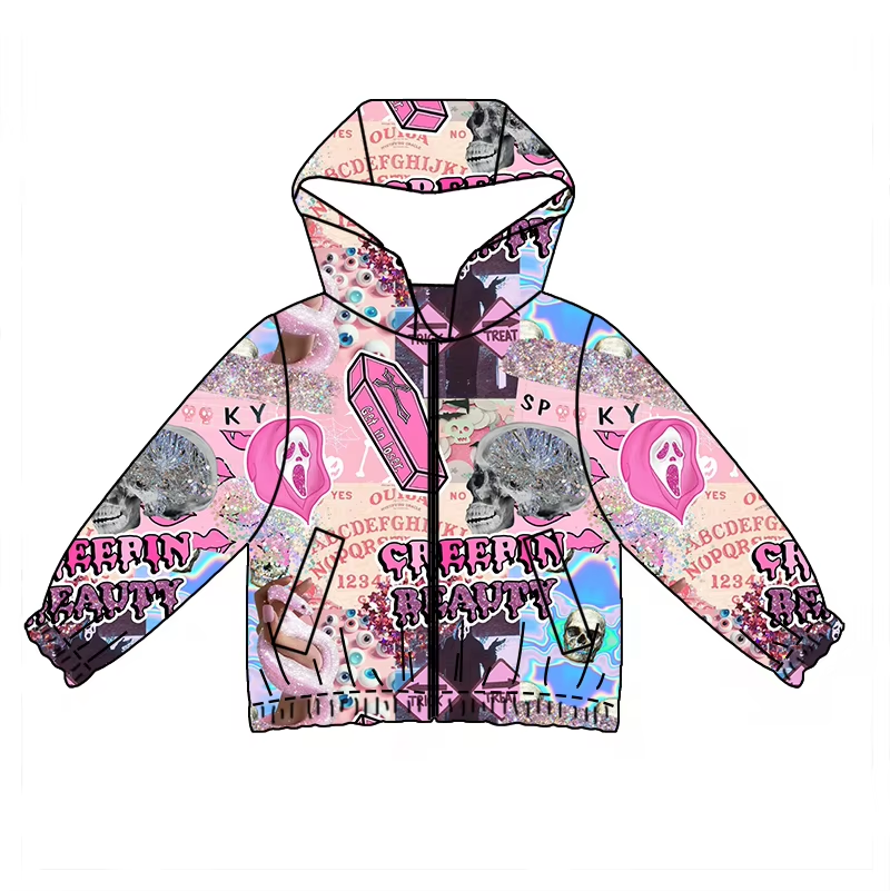 Custom moq 3 eta 6-8 weeks Pink Skull Eyes Hooded Zip-Up Long Sleeve Jacket
