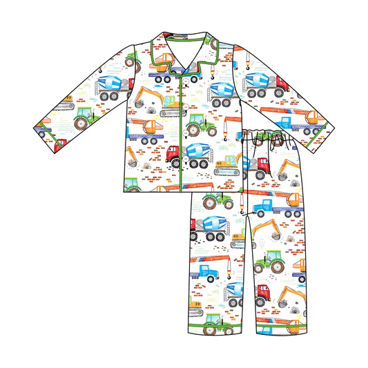 Custom moq 3 eta 7/8week moq 5 eta /4/5week Green Building Truck Button Long Pajama Set