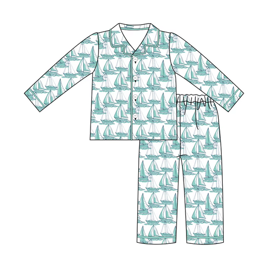 Custom moq 3 eta 7/8week moq 5 eta /4/5week Lake Green Sailboat Button Long Pajama Set