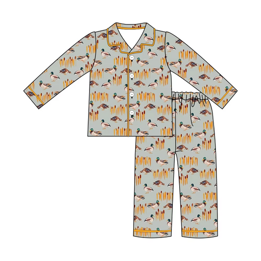 Custom moq 3 eta 7/8week moq 5 eta /4/5week Gray Rice-Duck Button-Down Long Pajama Set
