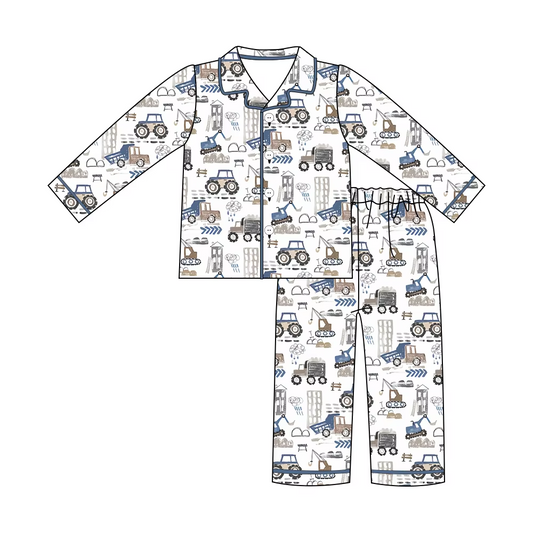 Custom moq 3 eta 7/8week moq 5 eta /4/5week White Excavator-Crane Button Long Pajama Set