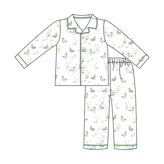 Custom moq 3 eta 7/8week moq 5 eta /4/5week Light Green Duck-Waterweed Button Long Pajama Set