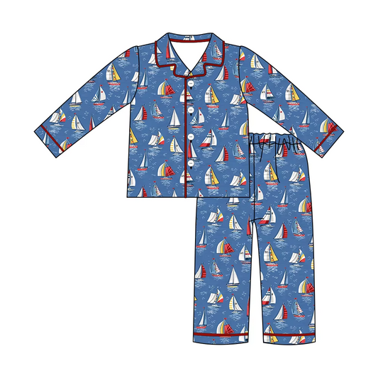Custom moq 3 eta 7/8week moq 5 eta /4/5week Navy Blue Sailboat Button Long Pajama Set