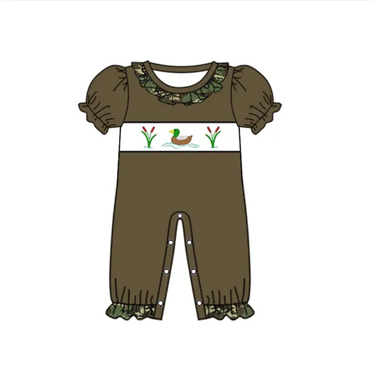 Custom moq 3 eta 7/8week moq 5 eta /4/5week Rice duck pattern brown green bubble short-sleeved trousers romper