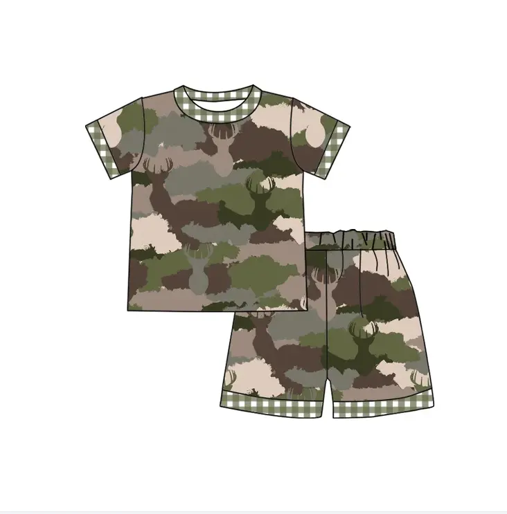 Custom moq 3 eta 7/8week moq 5 eta /4/5week  Grey-Brown-Army Green Shaded Plaid Cuff Short Sleeve Shorts Set