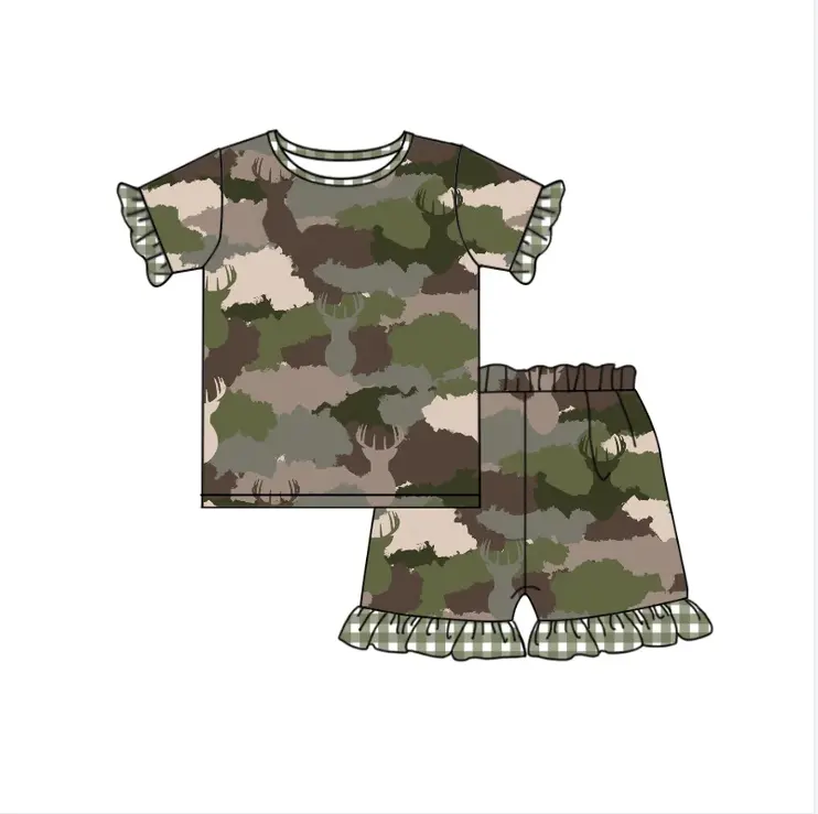 Custom moq 3 eta 7/8week moq 5 eta /4/5week Grey-Brown-Army Green Shade Colored Pleated Lace Cuff Short Sleeve Shorts Set