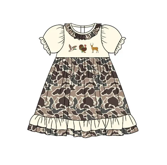 Custom moq 3 eta 7/8week moq 5 eta /4/5week Animal print beige and brown camouflage puff short-sleeved dress