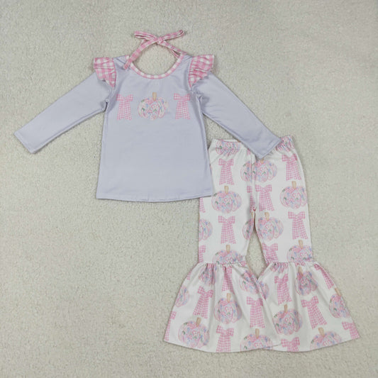 RTS NO MOQ（In Stock) 12/18m-7/8t GLP2532 Purple Long-Sleeved Powder Pants Set with Flower, Pumpkin, and Bow Pattern and Pink Plaid Trim