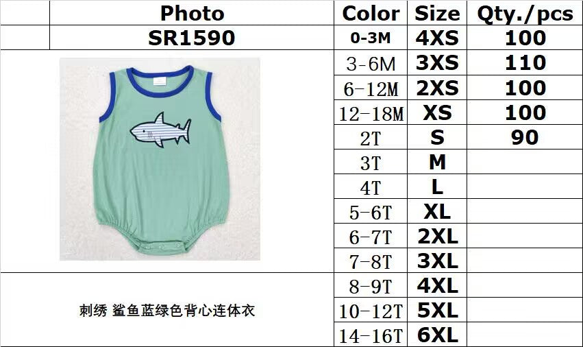 RTS no moq SR1590 Embroidered shark turquoise vest bodysuit