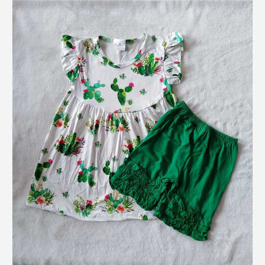 RTS SALES NO MOQ G2-7-1 Cactus flower green shorts set