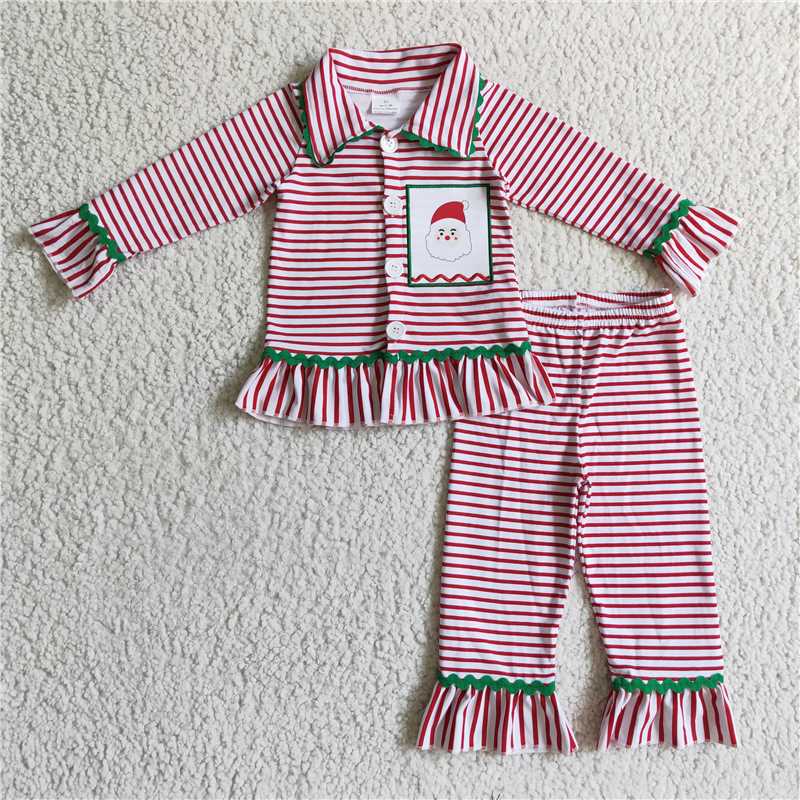 RTS NO MOQ 6 B9-3 Girls Santa Claus embroidered striped pajamas