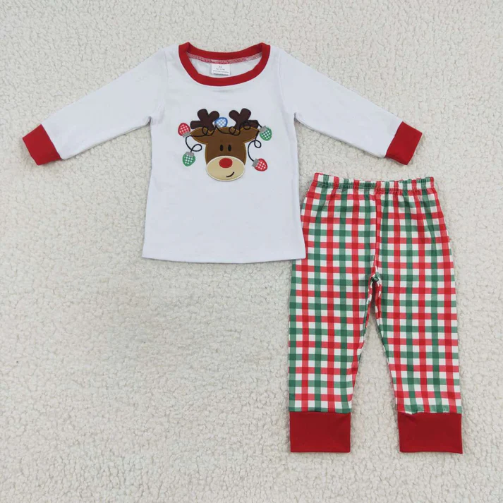RTS NO MOQ Sibling Baby girls clothes embroidery Christmas deer long-sleeved trousers suits