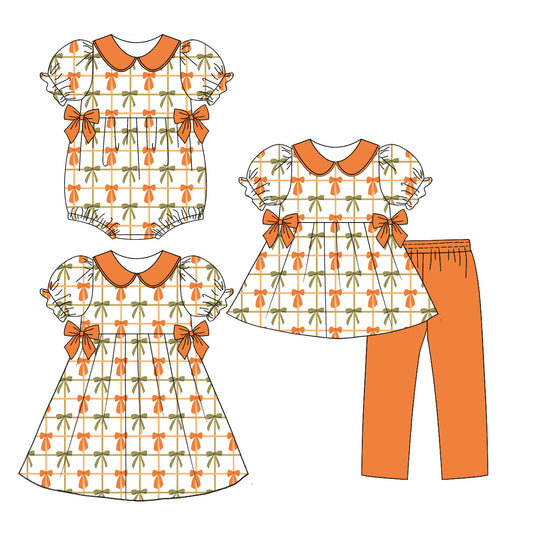 3.15 custom each style moq 5eta 4-6week Sibling Sisters bow baby girl short sleeve pants sets and dress and rompers match family design