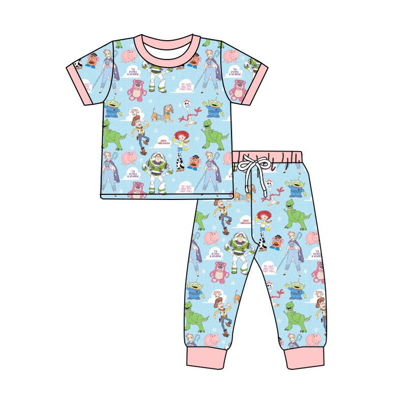 5.3custom each style moq 5eta 4-5week Sibling Sister cartoon character prints blue girls jumpsuits and boy short sleeves with long pants and baby romper match family design