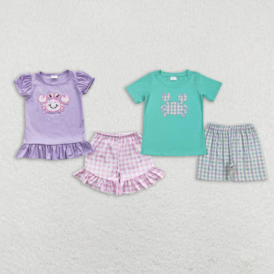 Baby Girls boys cartoon Crab print purple and green boys and girls set Family siblings set