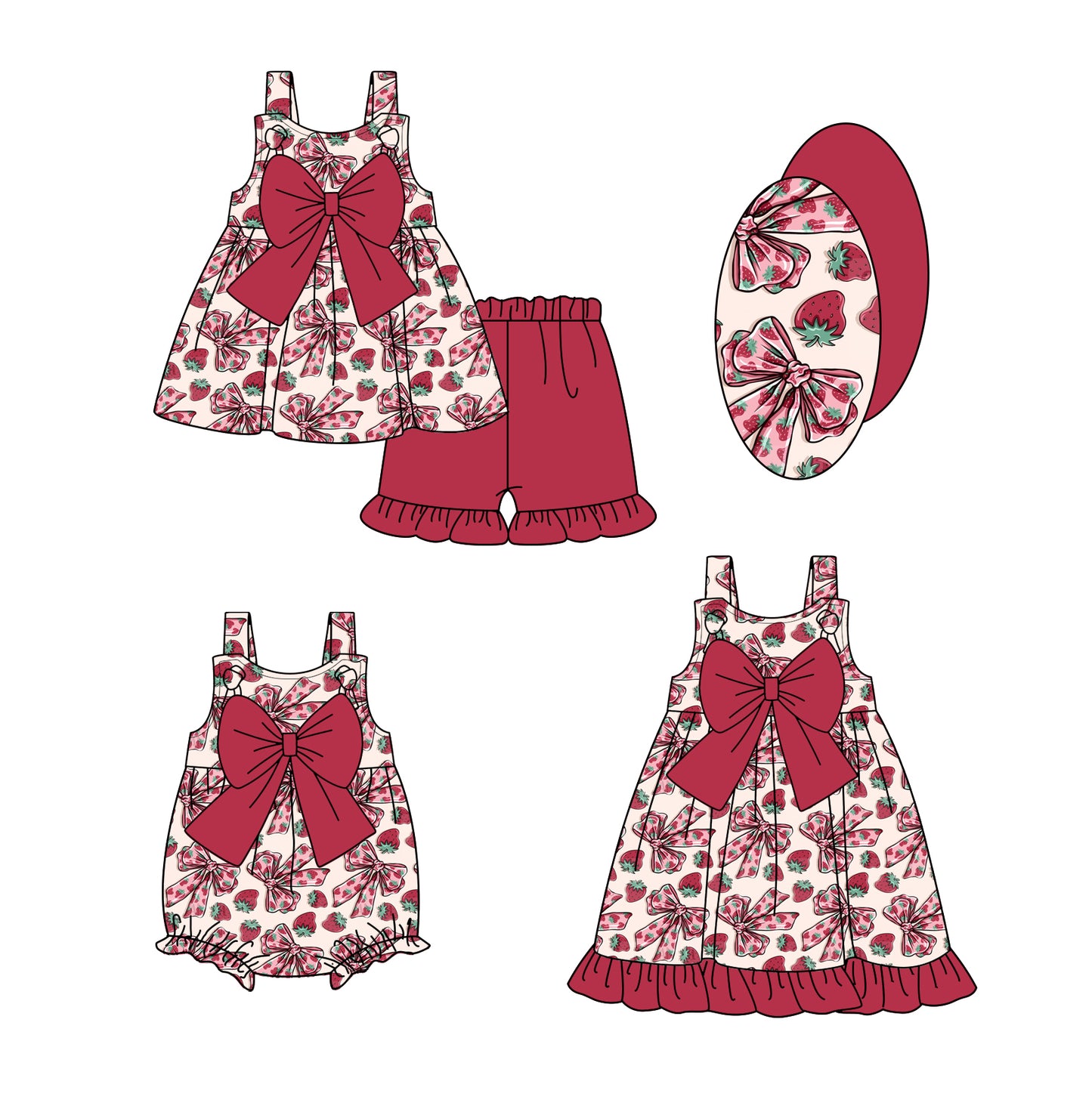 1.16 custom each style moq 5eta 4-6week Sibling Sisters strawberry bow baby girl short sleeve shorts sets and dress and rompers match family design